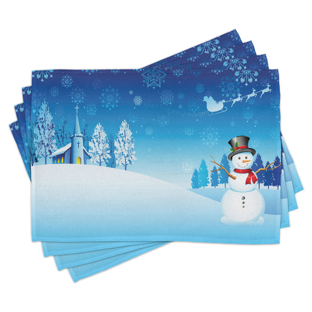 Platzdeckchen 4er Set, Schneemann Wintersterne, Blau Weiß