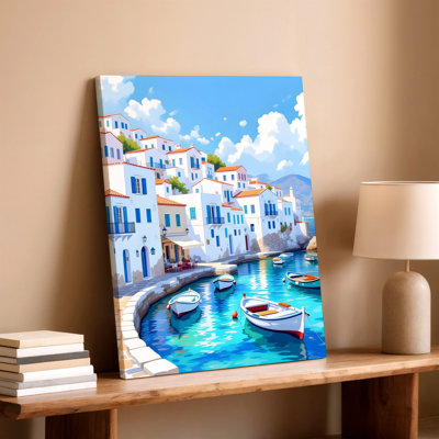 Bord de mer, village méditerranéen, bateaux, bord de mer, ciel bleu, reproduction d'art sur toile, décoration murale décorative bleue pour le bureau de chambre à coucher de salon, décoration de bureau de chambre à coucher de salon