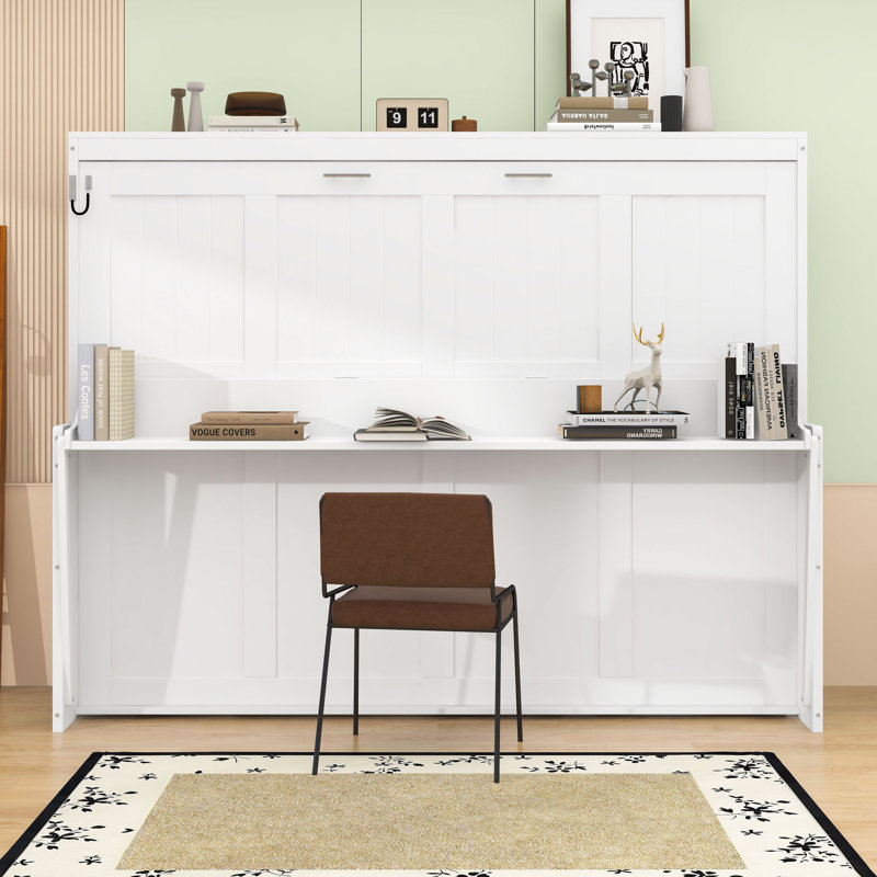 Lit escamotable en bois avec bureau pliant et rangement intégré pour les petits espaces, Blanc, Grand lit