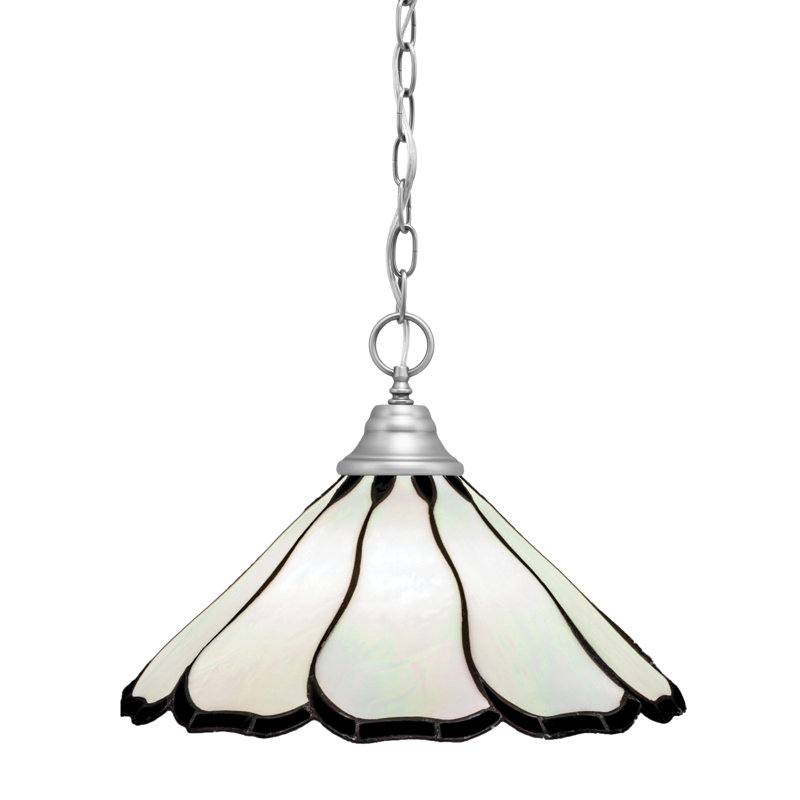 Arrietty Chain Hung Pendant With 16" Pearl & Black Flair Art Glass, Pearl, Chrome
