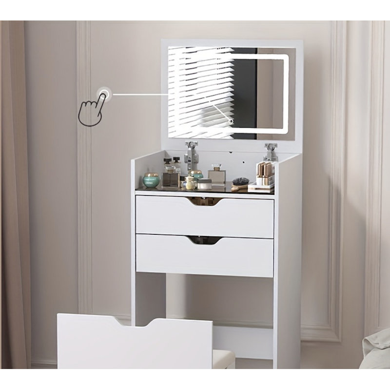 Coiffeuse et tabouret, ensemble de coiffeuse multifonctionnel 3-en-1, comprenant trois modes d'éclairage, miroir HD, deux tiroirs coulissants et tabouret de rangement caché