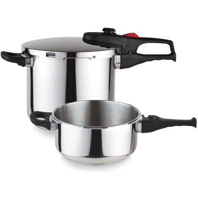 Ensemble d'autocuiseur en acier inoxydable de 4,2 et 6,3 pintes Magefesa Pratika Plus, compatible avec toutes les surfaces de cuisson, compatible avec l'induction, fond de diffuseur encapsulé, 5 systèmes de sécurité