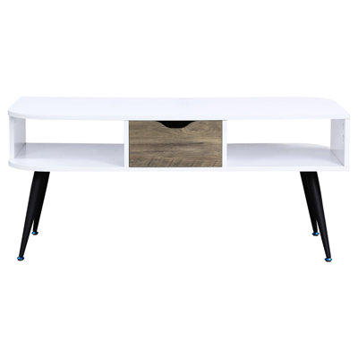 Table basse rectangulaire, tiroir de rangement, plateau blanc et noir, pieds en placage de métal