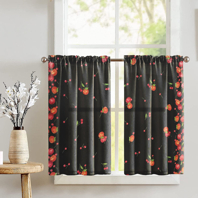 Rideau de café sur mesure floral en mélange de coton l 27 po noir