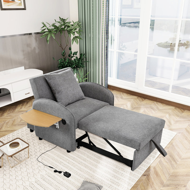 Lit escamotable 3 en 1, chaise simple convertible grise avec panneau d'ordinateur, hublots, lin, panneau de lin réglable pour le travail et la détente, guide d'assemblage complet