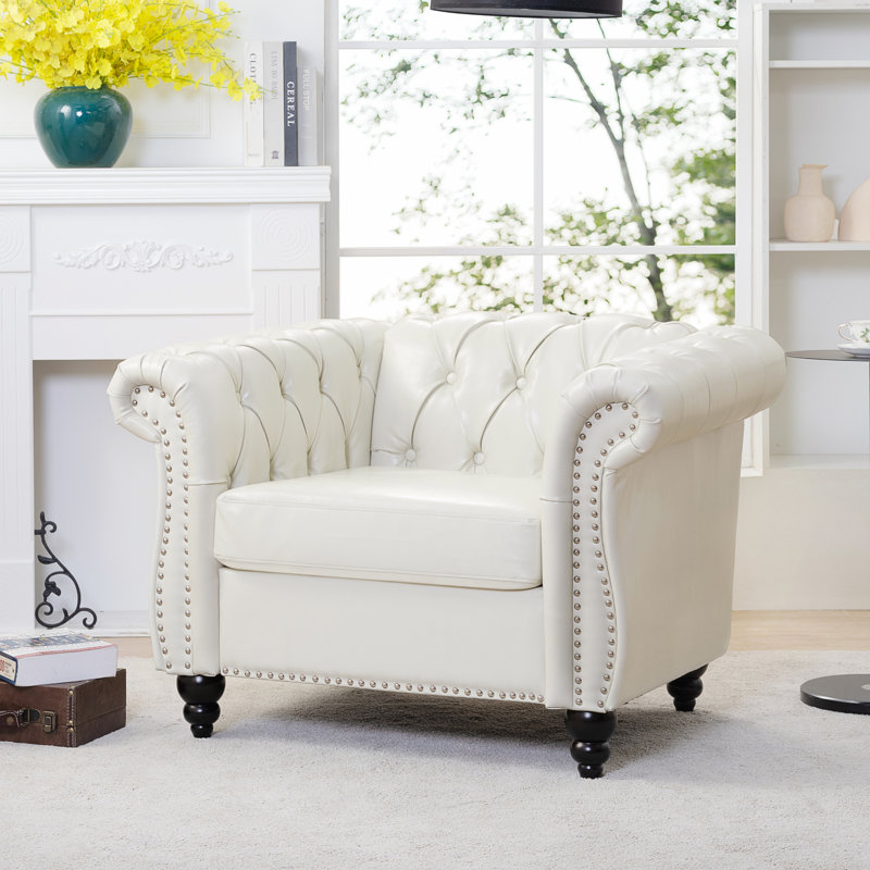 Accent Sofa Chair For Living Room, White Faux Leather, Black