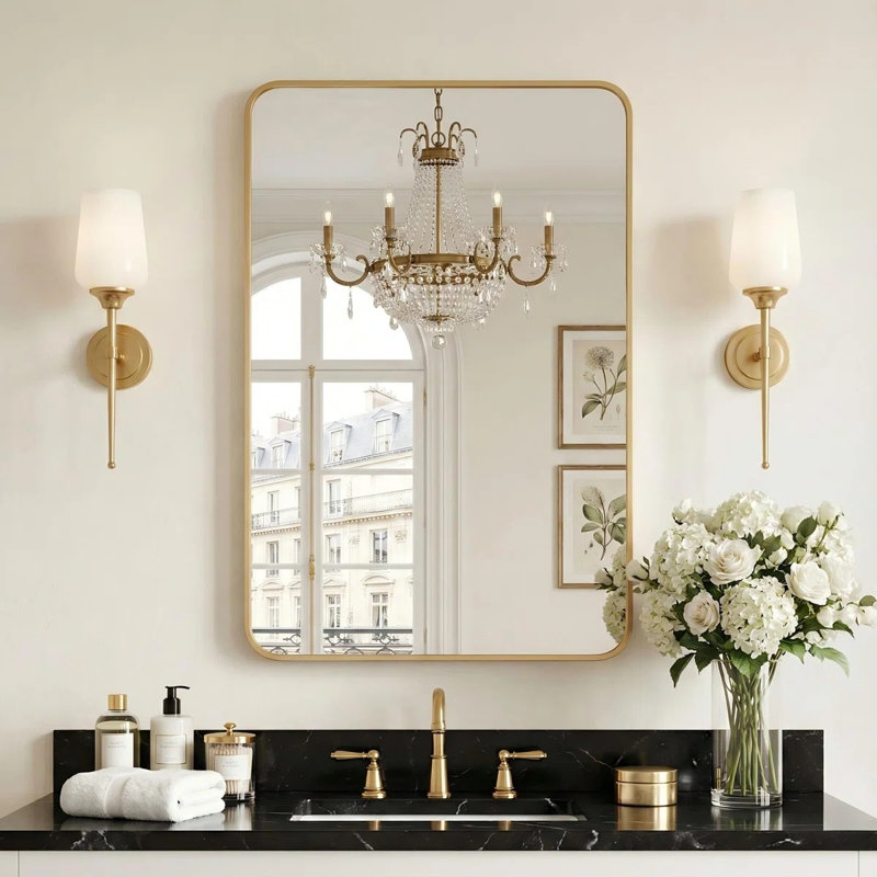 Miroir de salle de bain rectangulaire mural avec cadre en métal doré 24 x 36 pouces, 36 po x 24 po, Or, Aluminium Alloy