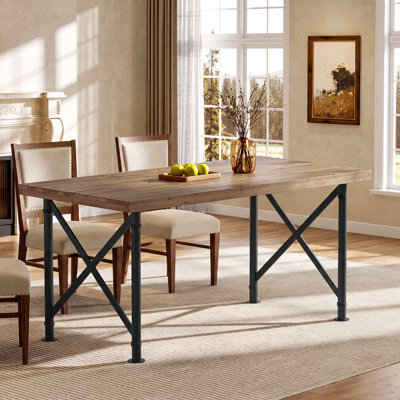 63" Solid Wood Dining Table for 4, Industrial Rectangle Kitchen Table with Metal Legs