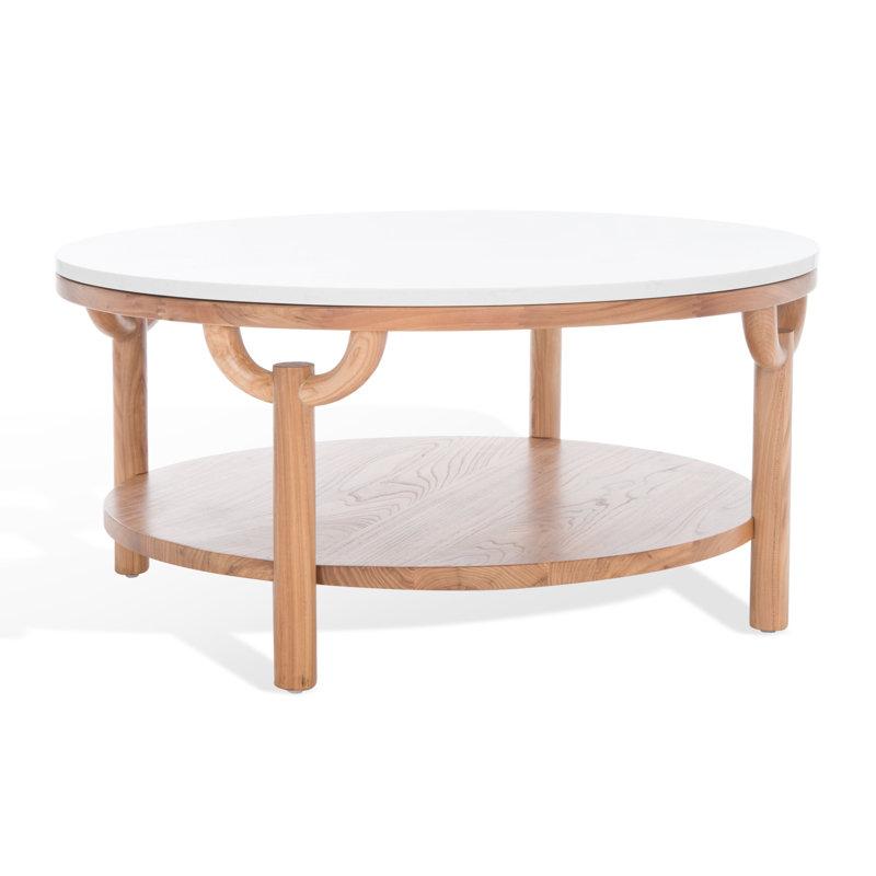 35" Elm Wood & White Marble Round Coffee Table with Storage