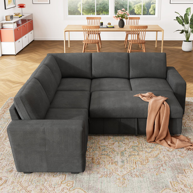 Abramson L Shaped Sleeper Sectional Sofa Couch With Storage Seat Gray Corduroy, Gray Corduroy