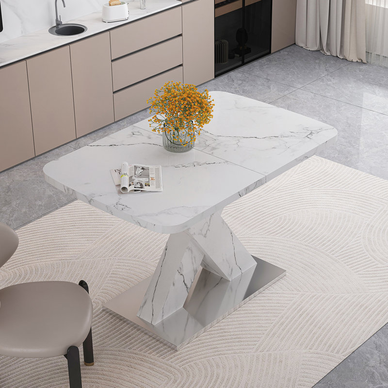 Table de salle à manger moderne, extensible, avec plateau de table en marbre blanc imprimé et panneau de fibres à densité moyenne