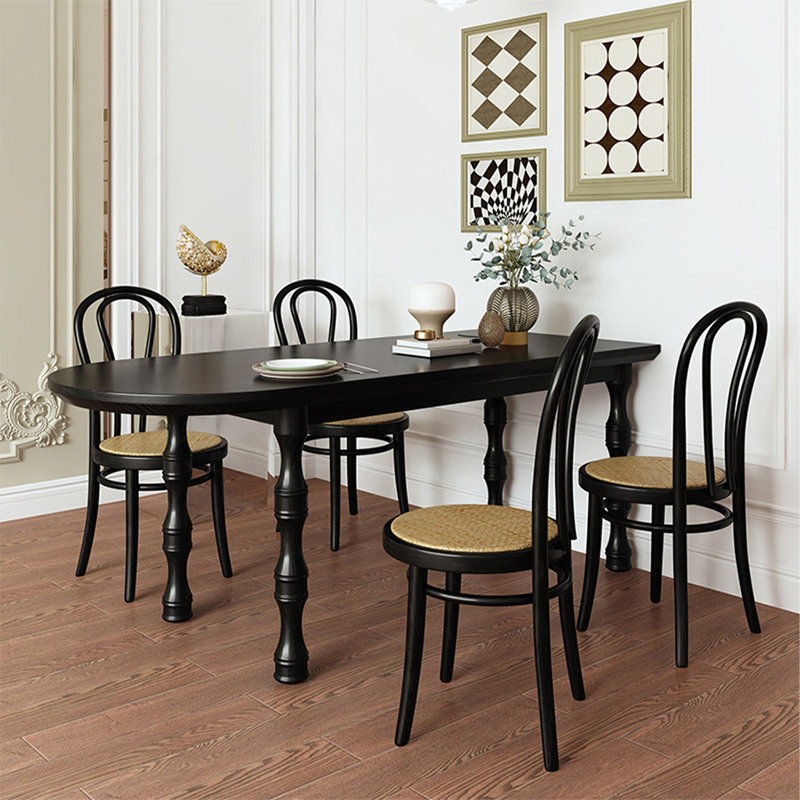 Table de salle à manger noire en bois massif demi-cercle, H 29,5 po x L 70,9 po x l 31,5 po