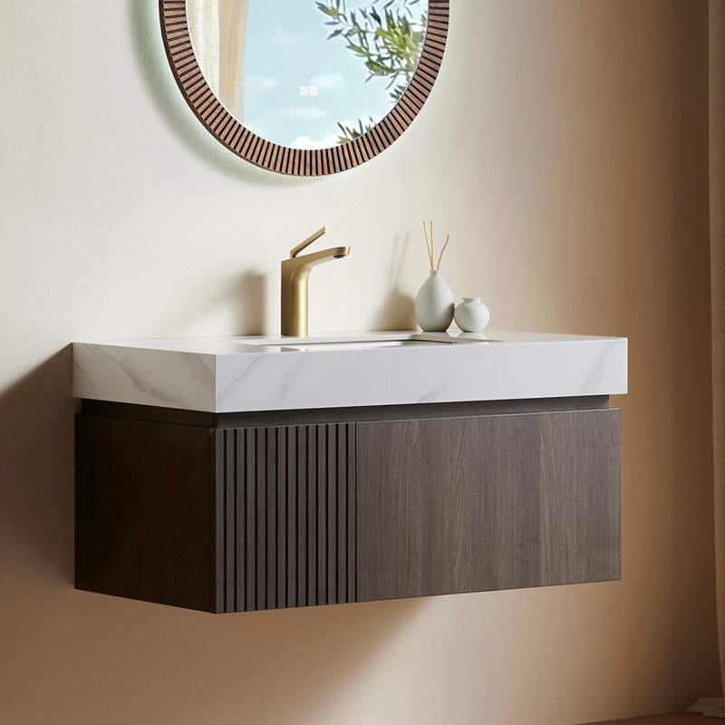 Meuble-lavabo mural 36 po avec comptoir en pierre frittée et lavabo en céramique Muri, Espresso, 36", Blanc de Carrare