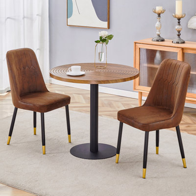 Ensemble de table et de chaises Table de salle à manger ronde de grain de bois foncé de 31,5 pouces - Texture annulaire moulée par aspiration. Combinée avec 2 chaises de salle à manger en tissu brun. Convient pour la cuisine, la salle à manger, etc.