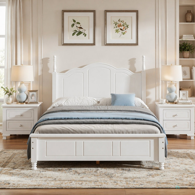 Structure de lit plateforme en bois, lit plateforme de style rétro avec support en lattes de bois, Double, Blanc