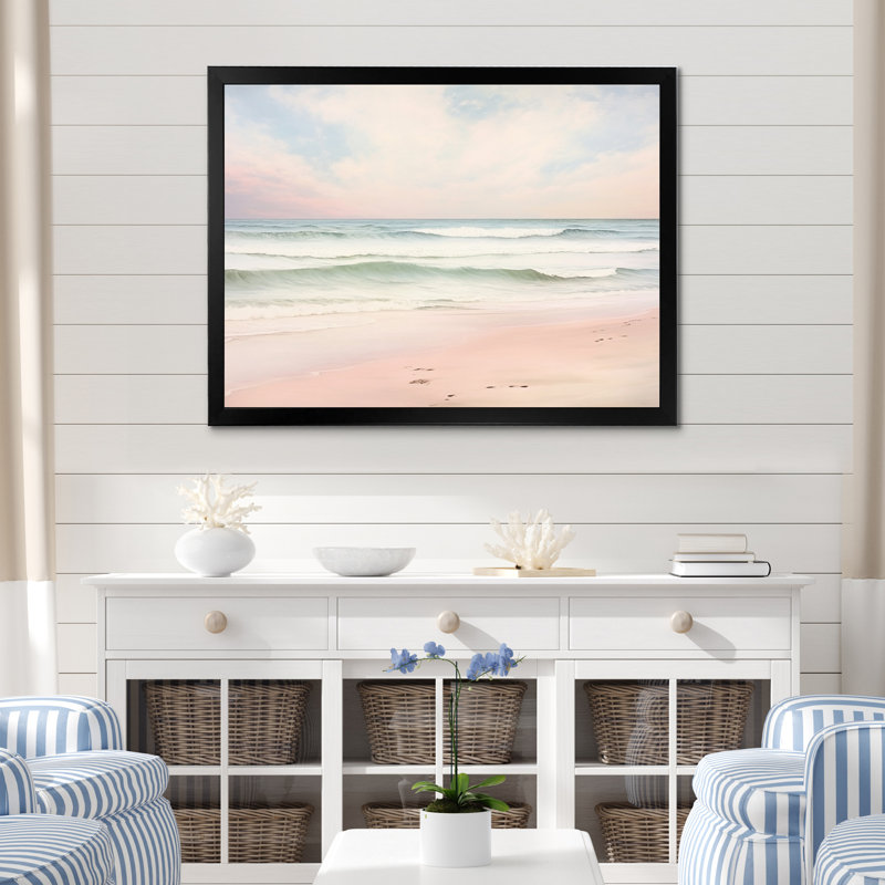 «Ocean Tranquility Tender Pink Pastel Sunrise I - Coastal Beach», art mural, H 30 po x l 40 po, Cadre photo unique, Noir
