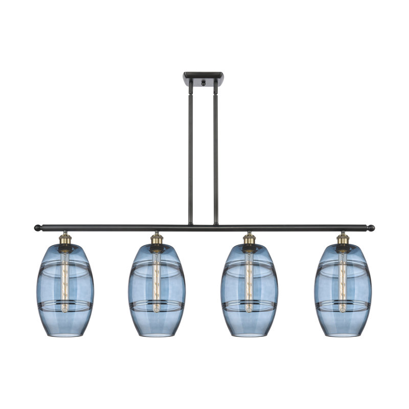 Luminaire suspendu rond / ovale pour îlot de cuisine à 4 lumières Dundrod, Laiton antique noir, Bleu princesse