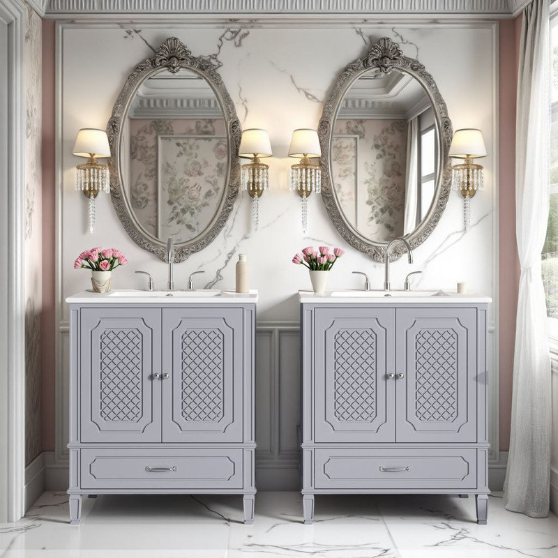 Ensemble de meuble-lavabo double 60 po, Gris, Ensemble de centre 8 po