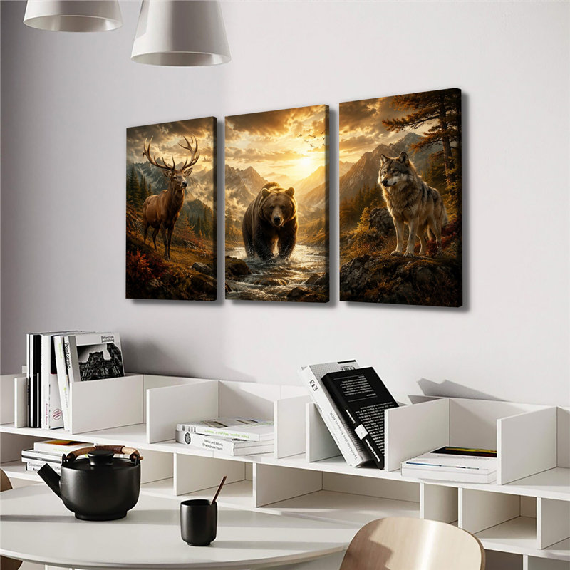 «Stag Brown Bear Wolf Snow Mountain Stream Sunset Autumn Forest», impression sur toile tendue 3 pièces