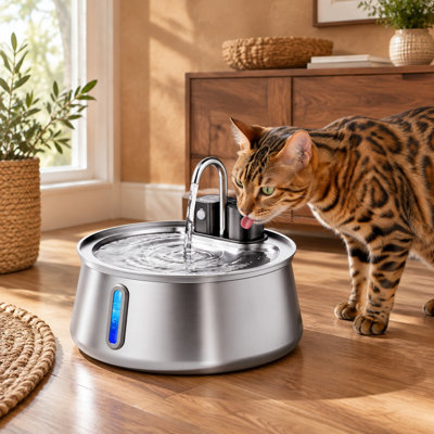 Fontaine à eau sans fil en acier inoxydable de 4 L/135 oz pour chats et chiens.