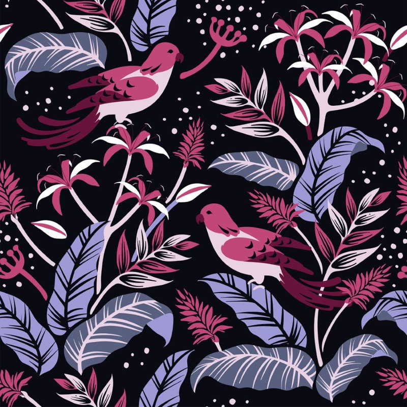 Feuilles et oiseaux papier peint adhésif L 102 po x l 24 po, Noir / Mauve