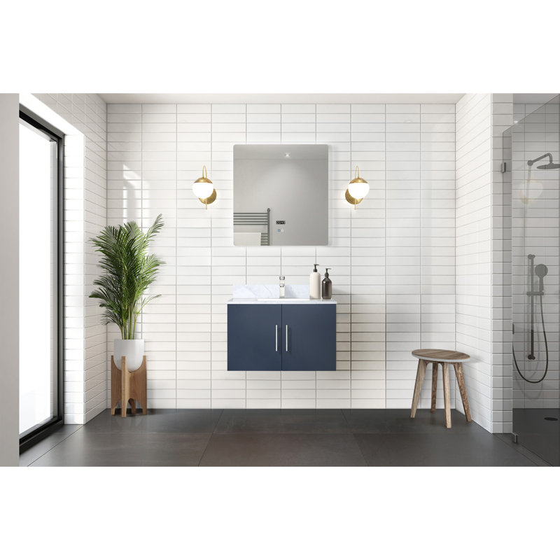 Meuble-lavabo bleu marine 30 po X P 22 po D, dessus en marbre de Carrare et ensemble de robinet, Marine