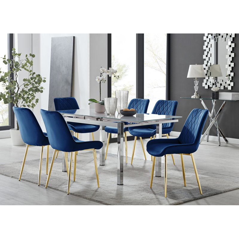 Tierra Modern Glass & Metal Extendable Dining Table Set & 6 Luxury Upholstered Velvet Dining Chairs, Navy/Gold