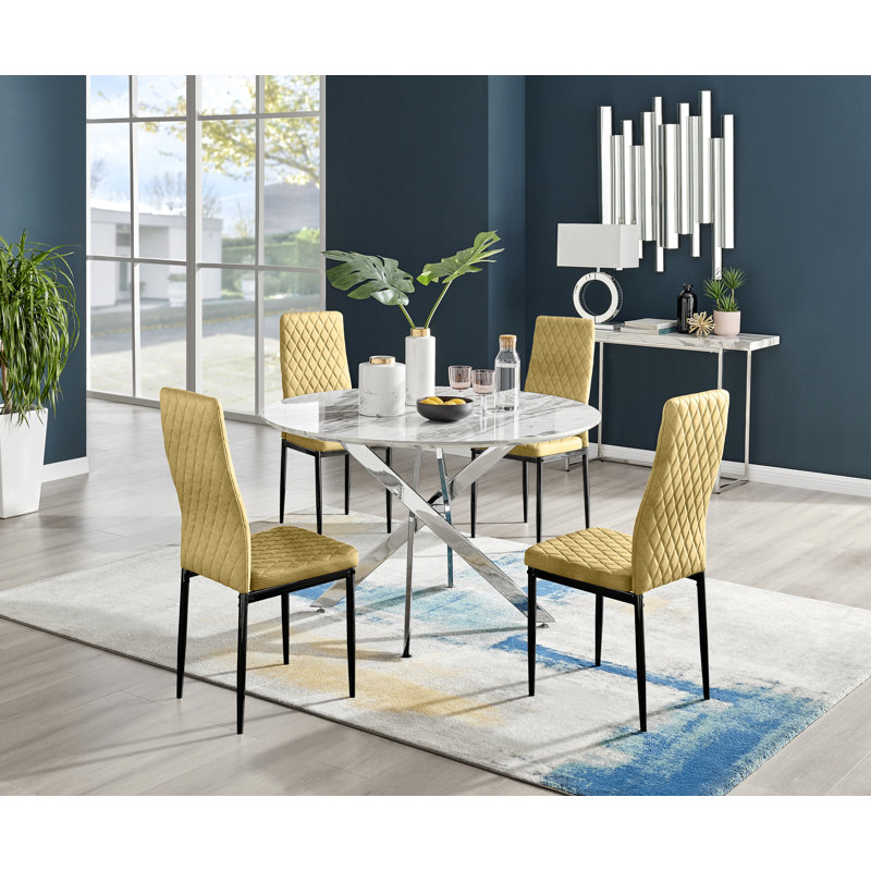 Tierra Modern Chrome Metal & Glass Round Dining Table Set with 4 Quilted Velvet Chairs, 75 x 120 x 120cm, Gold, Green/Gold