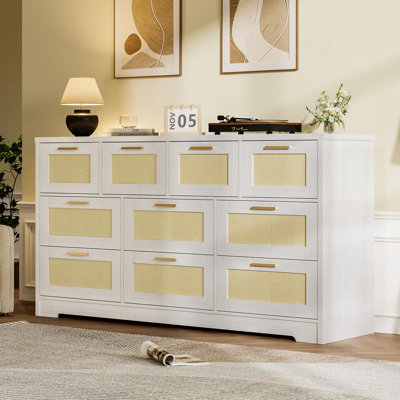 Rattan 10 Drawer Dresser, 59'' Wide Modern Farmhouse Chest of Drawers with Anti-Tipping Device