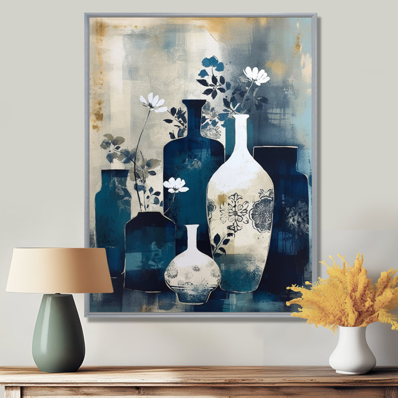 Art mural bleu et crème fantaisiste en argile II - Boho Pottery, H 44 po x l 34 po, Encadrement argenté