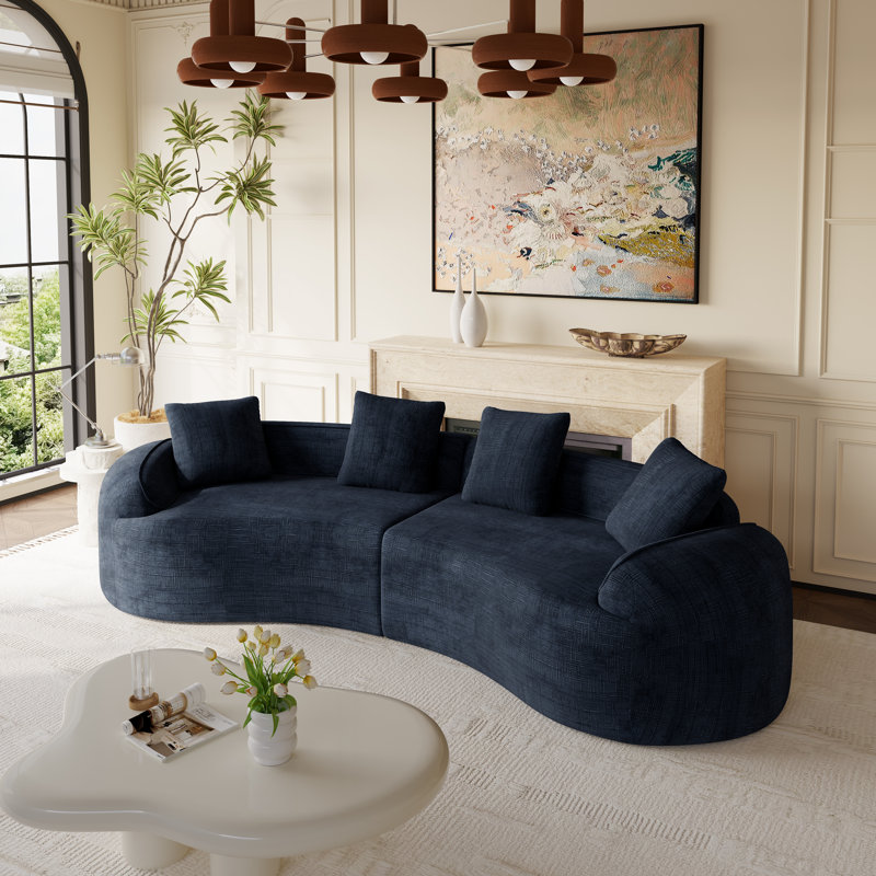 Boneless 2-Piece Curved Compressed Sectional Sofa, Symmetrical Modular Design, Dark Blue Chenille