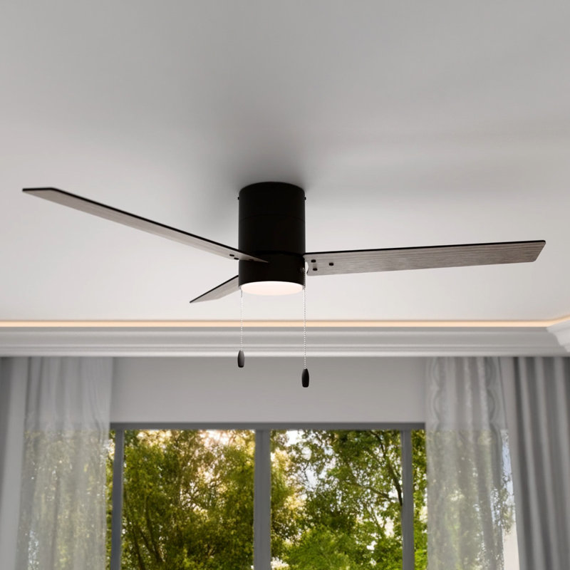 Heritage 52in 3-Blade Pull Chain Flush Mount Fan 2700K-3000K-4000K-5000K-6000K CCT Selectable LED Light Kit with Black Hardware with Reversible Blades in Weathered Wood or Black