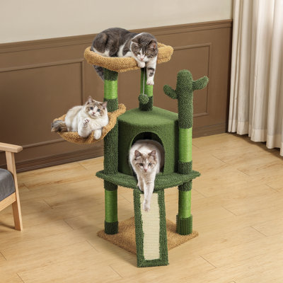 42" Cactus Cat Tree Condo, Multi-Level Tower with Scratching Posts, Perch, Ramp and Hammock for Cats