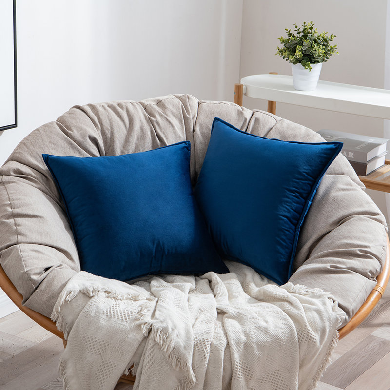  Housse de coussin carré en velours, Bleu très foncé, H 18 po x l 18 po, Polyester