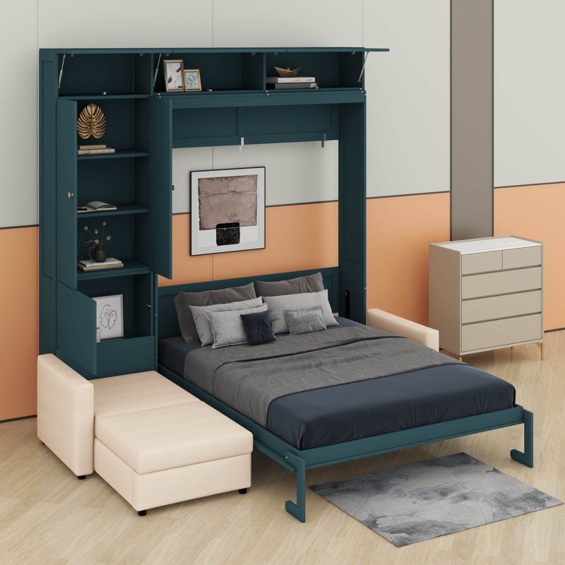 Grand lit escamotable avec canapé et tablettes, Vert / Beige