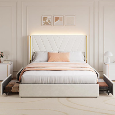 Upholstered Led Bed Frame With 4 Storage Drawers