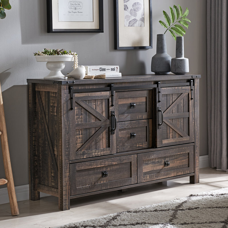 Terramuggus 48"W Farmhouse Chest of Drawers, Bedroom Dresser with 4 Drawers & Sliding Barn Doors, Dark Rustic Oak