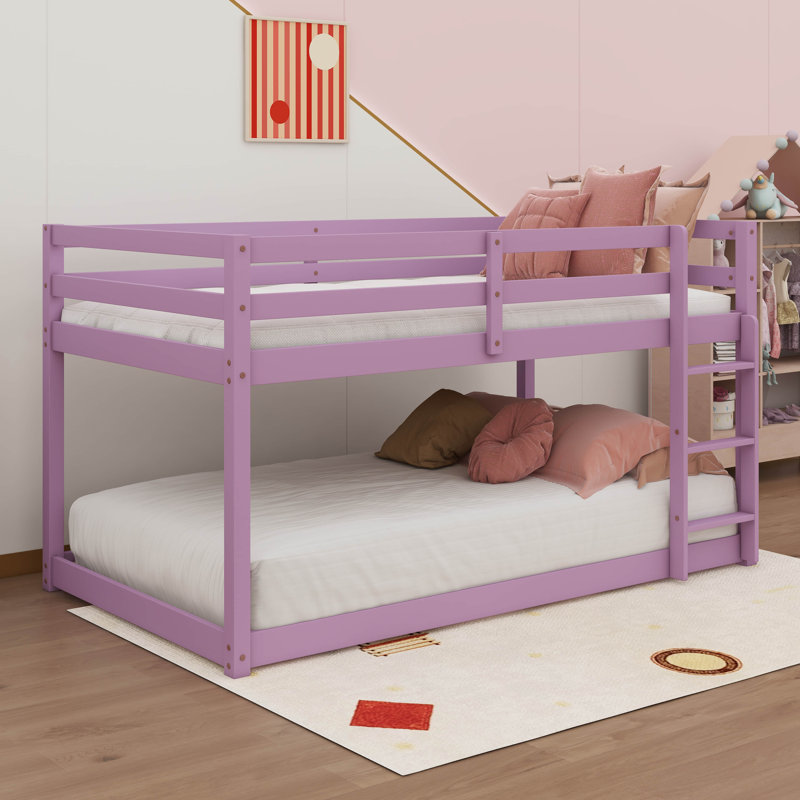 Lit superposé bas simple en bois avec échelle en bois, Rose