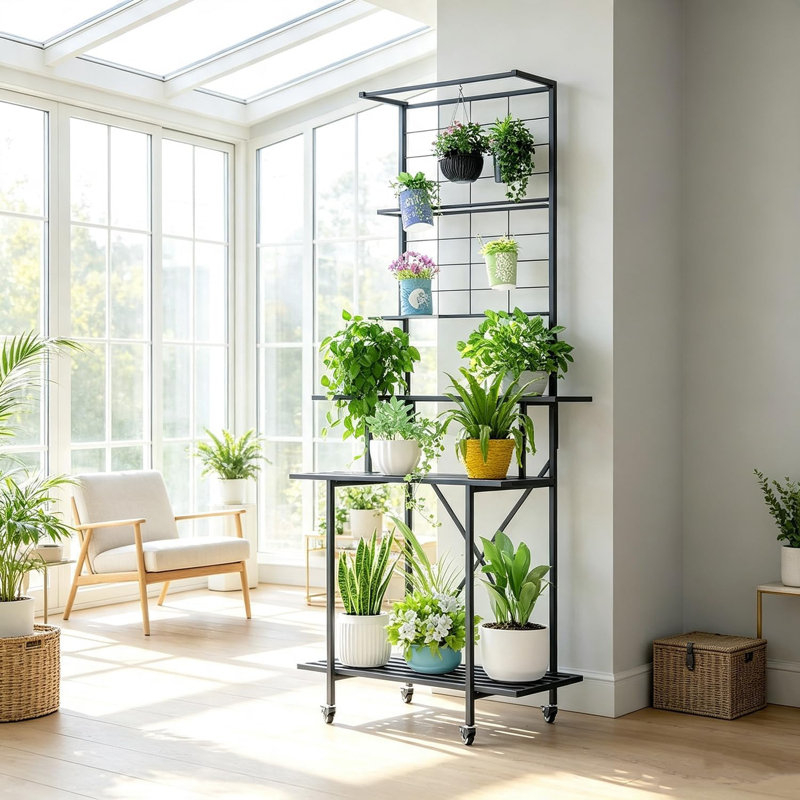 Étagère à plantes suspendue robuste à 3 niveaux en métal avec roulettes verrouillables, support autoportant pour intérieur/extérieur