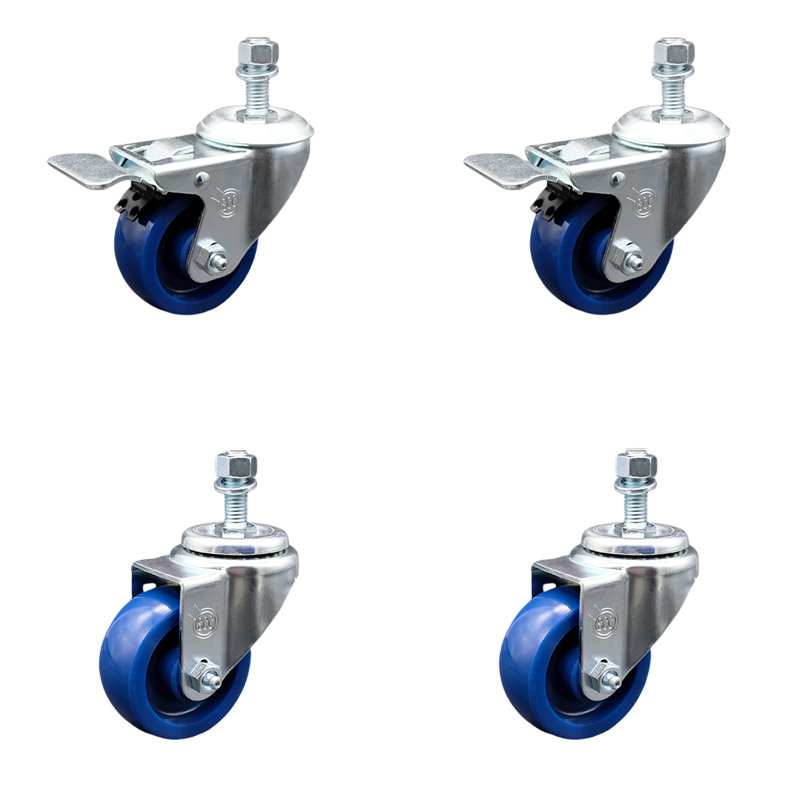 3 Inch SS Solid Polyurethane ½ Inch Threaded Stem Caster Set 2 Total Lock Brake