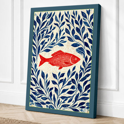 Red Fish In Leaves Mid-Century - Print