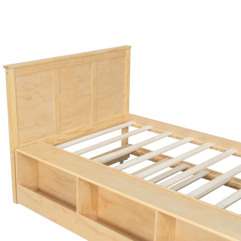 Lit plateforme simple en bois avec lit gigogne escamotable, Naturel, Lit simple