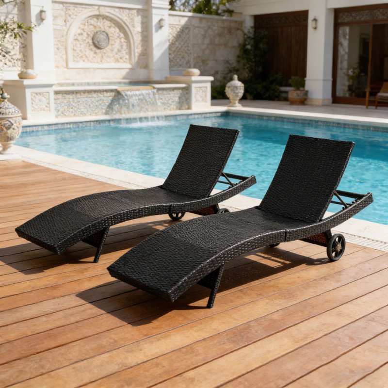 Patio Wicker Chaise Lounge Chairs Set, Black+Brown