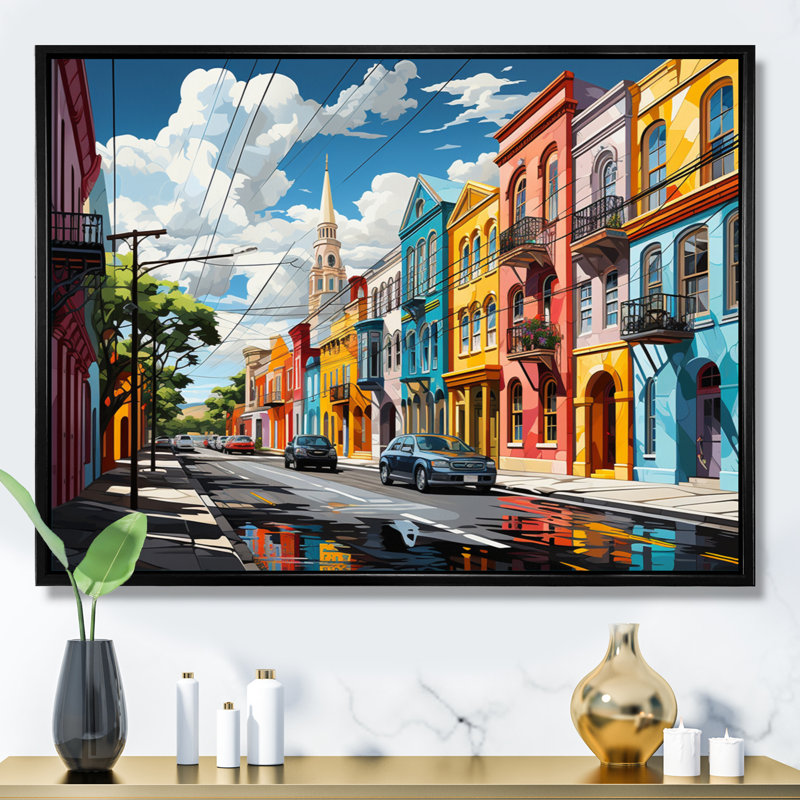 City Charleston Popart II sur toile, Cadre flottant noir, H 30 po x l 40 po x P 1,5 po