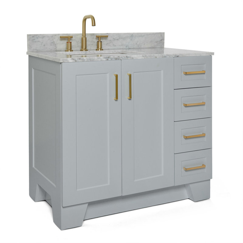 Ensemble de meuble-lavabo simple en bois massif 37 po gris Freitas avec plateau en marbre de Carrare 0,75 po, évier gauche et rectangulaire