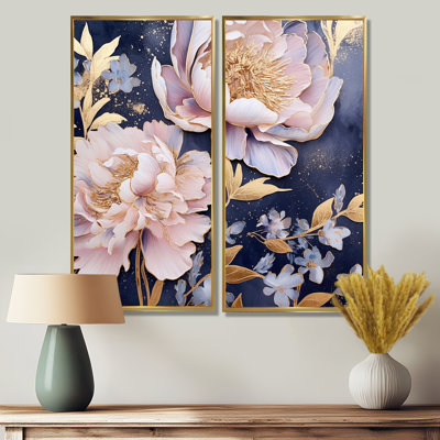 Pivoines roses sur fond bleu - coquelicots