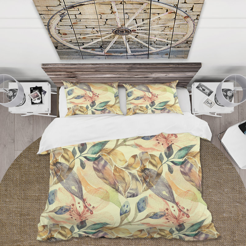 Boho rose et bleu fleurs - ensemble de housse de couette Cottage - microfibre de polyester, Jaune