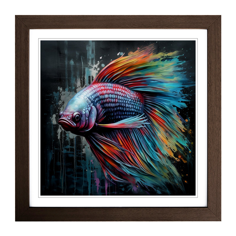 Siamese Fighting Fish Graffiti - Single Picture Frame Print on Wood, Walnut