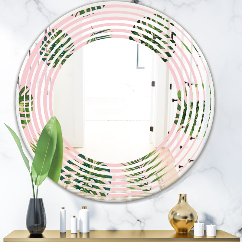 Miroir mural Coastal, 23,6 po x 23,6 po, Vague avec motif de feuilles de palmier tropical 