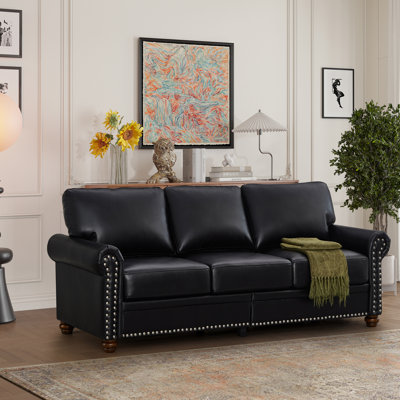 Siège de salon en similicuir noir avec coussin de dossier et clous décoratifs pour la chambre, fabrication en bois massif et en métal, rembourrage en mousse confortable, détail, rangement sous le siège, facile à assembler